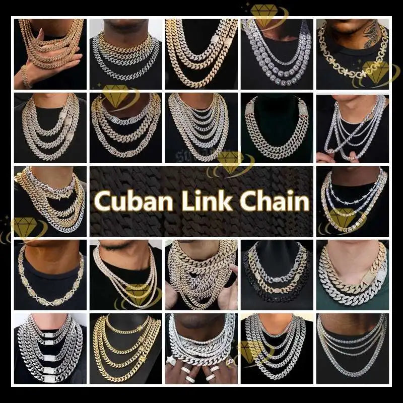 High Quality 2 Rows Prong Cuban Chain 8mm 12mm 16mm 20mm Iced Out Moissanite Cuban Bracelet Link Necklace Mens Hip Hop Jewelry
