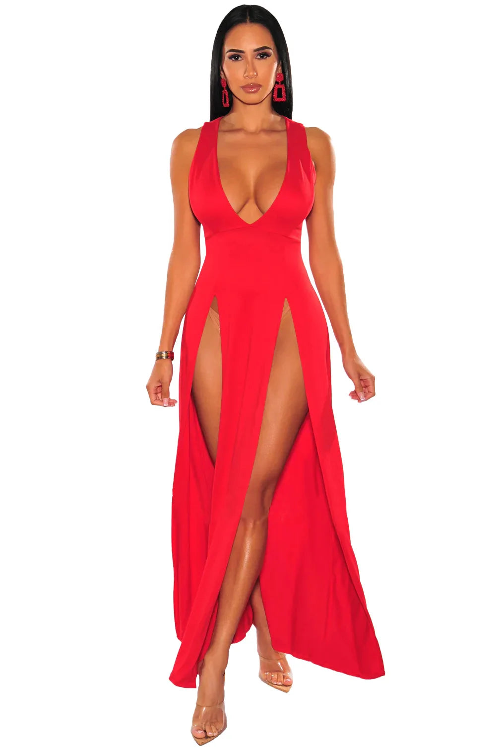 Sleeveless V-Neck Midi Dress – Slim-Fit A-Line Silhouette