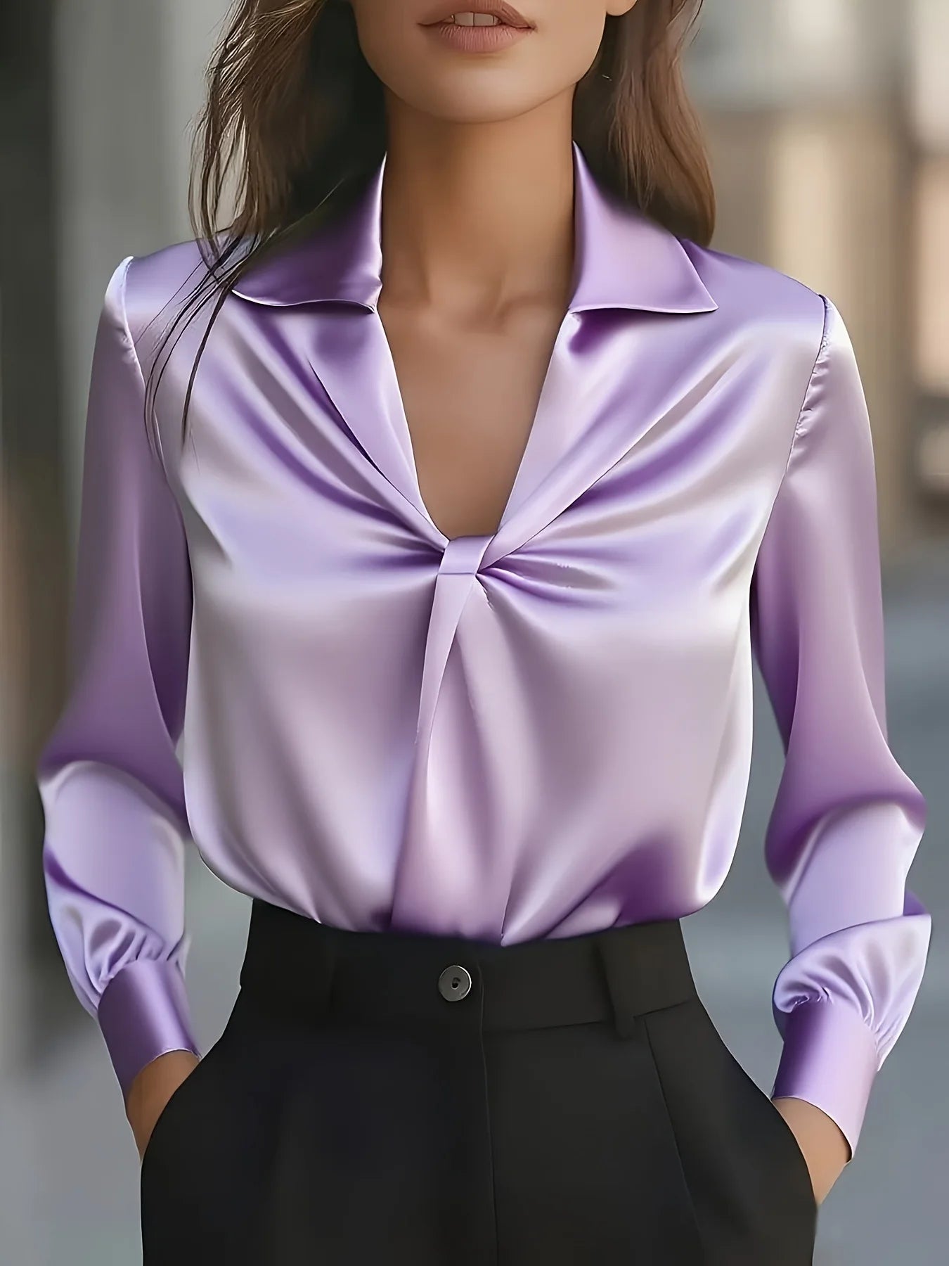 Satin Pleated Long Sleeve Shirt — Solid Color Jersey Office Lady | Autumn | 5 Colors | S–XXL