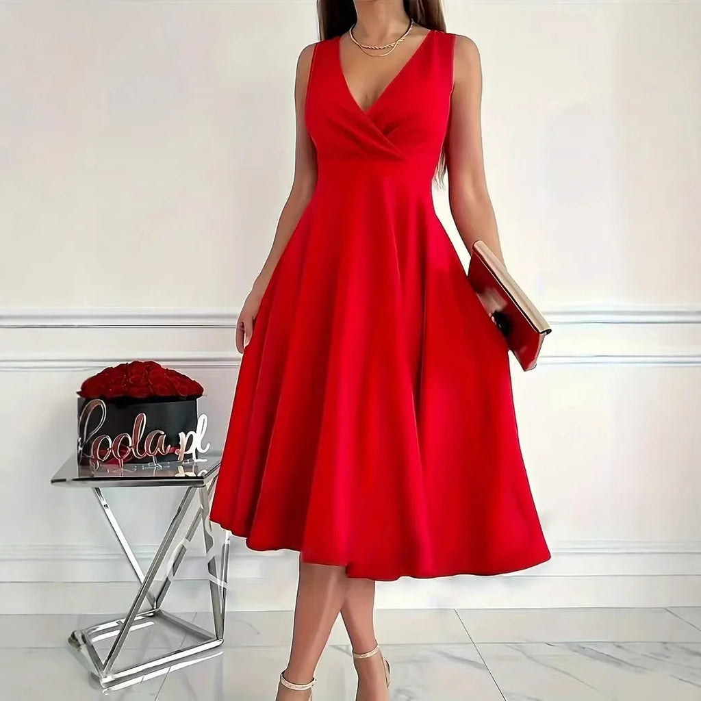 Summer Women's Dress V-neck Sleeveless Elegant Red Fashion Party Black Professional Temperament Evening Midi Skirt