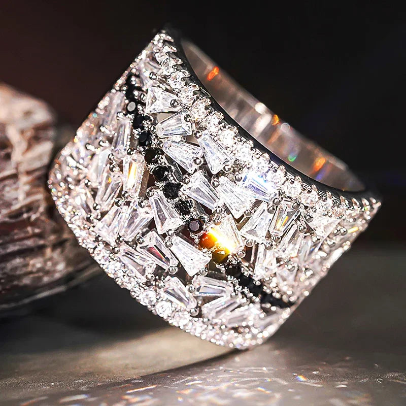Huitan Geometric Black Cubic Zirconia Cocktail Ring