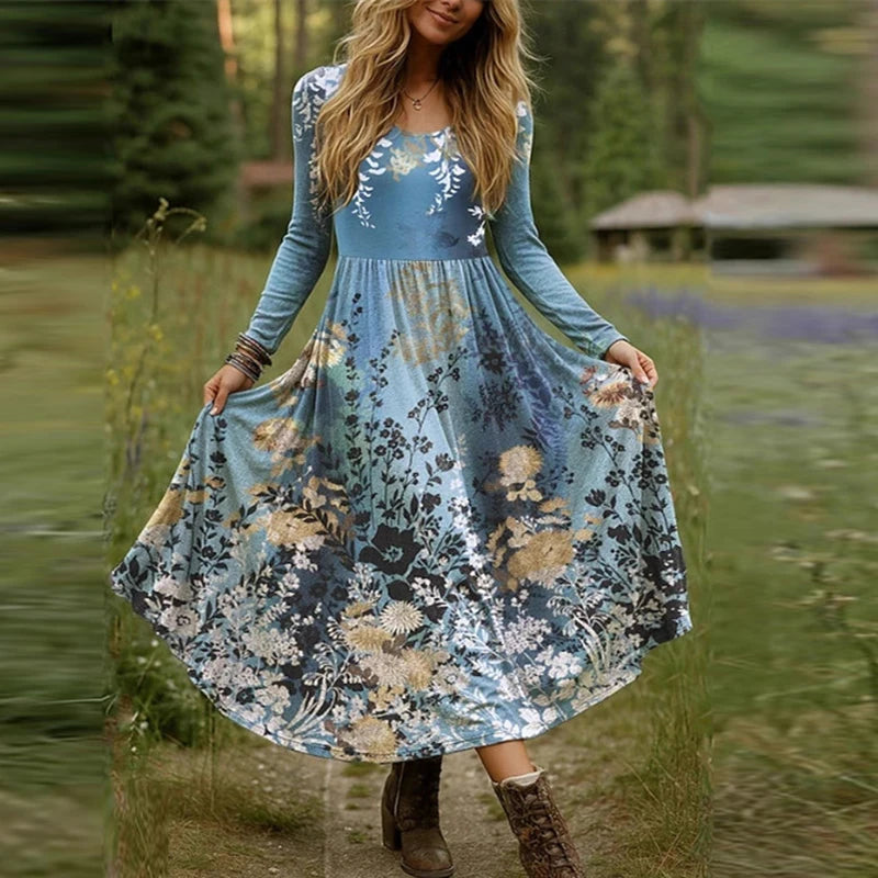 BISHAN Plus Size Boho Floral Print Maxi Dress — O-Neck Long Sleeve A-Line | Party Spring Autumn | 0XL–5XL