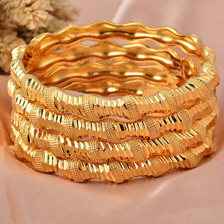 New 24K 4Pcs/lot Dubai Gold Color  Bangles  For Women Girls Bead Festival Good Luck Ethiopian Wedding Bangles Bracelet Jewelry