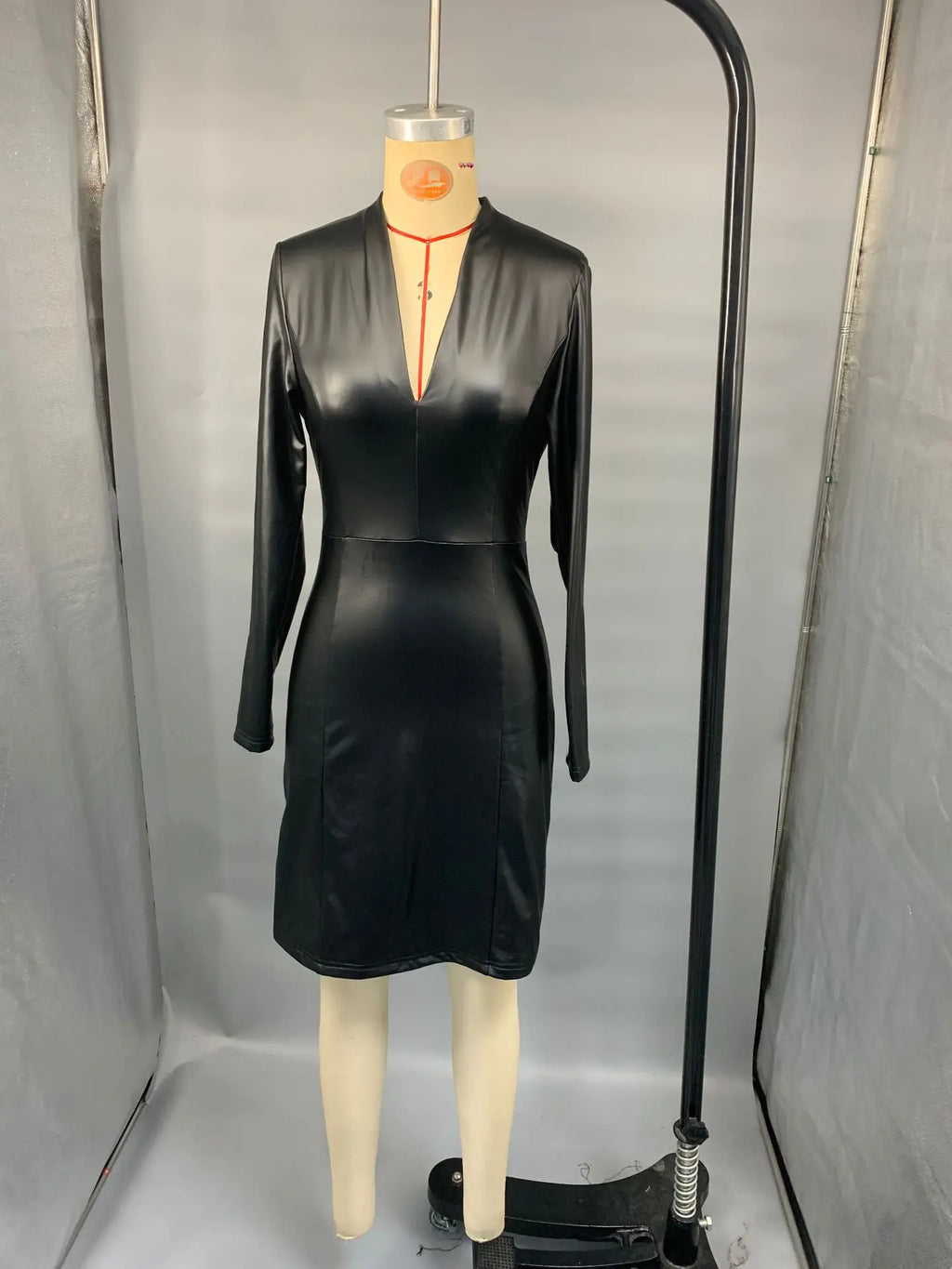 Mid Length Dress Women Pu Dresses Party Night Vestidos Sexy Y2k Streetwear V Neck Full Sleeve Wrap Hip Elegant Work Autumn
