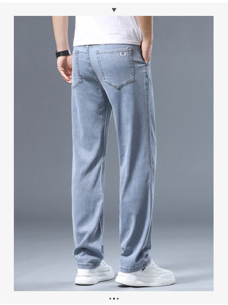 Summer Ultra-thin Men's Jeans Lyocell Soft Breathable Loose Straight Light Blue Denim Pants Business Casual Ice Silk Trousers