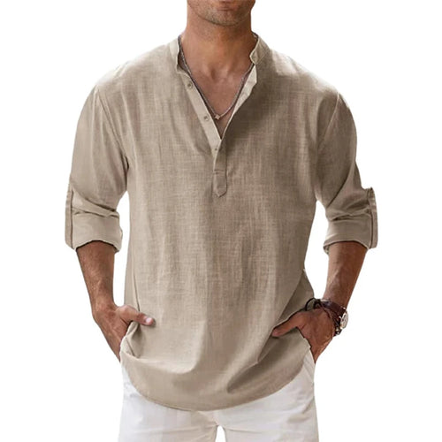 Animal Game Men's Cotton Linen Henley Beach Shirt — Lightweight Long Sleeve Casual Hawaiian Tee | All Season | 7 Colors | S–5XL