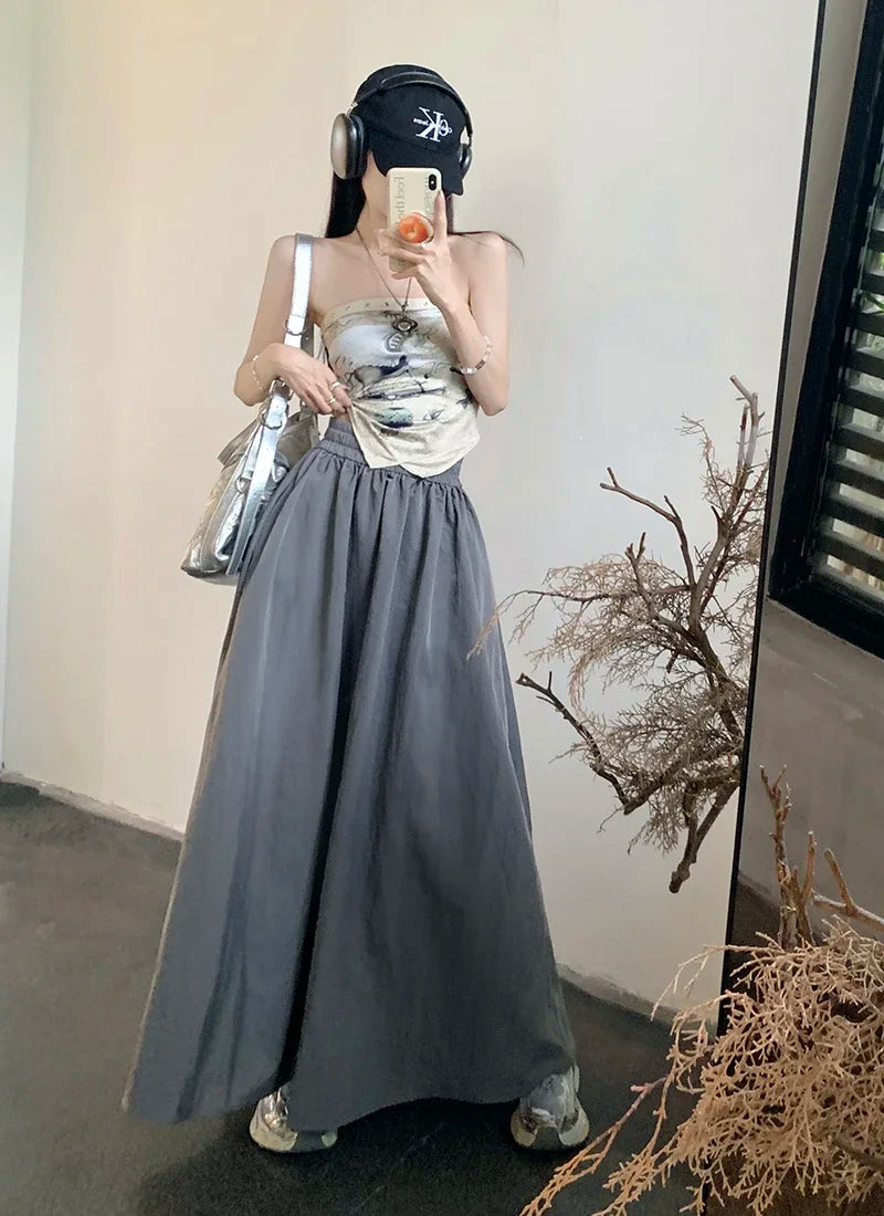 Chic Women Pockets A-Line Long Skirts Ladies Casual Loose Elastic High Waist Midi Skirt 2024 Spring Summer
