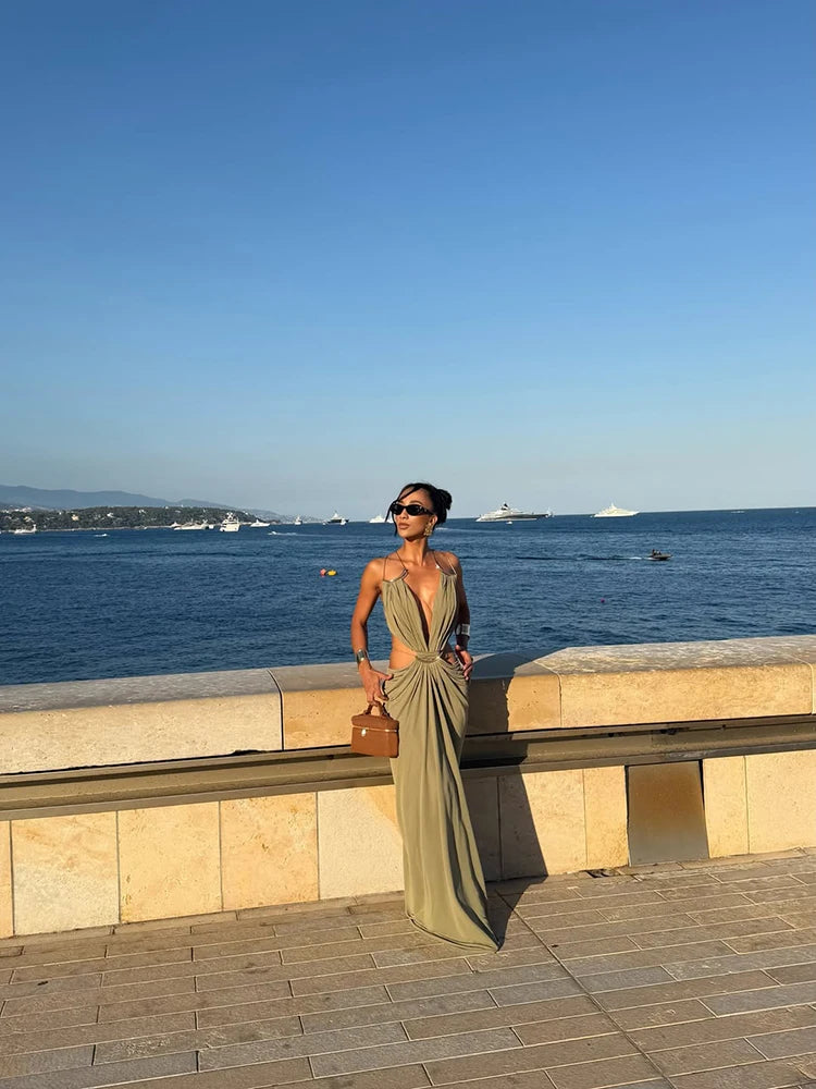 Metal Trim Spaghetti Strap Backless Maxi Dress
