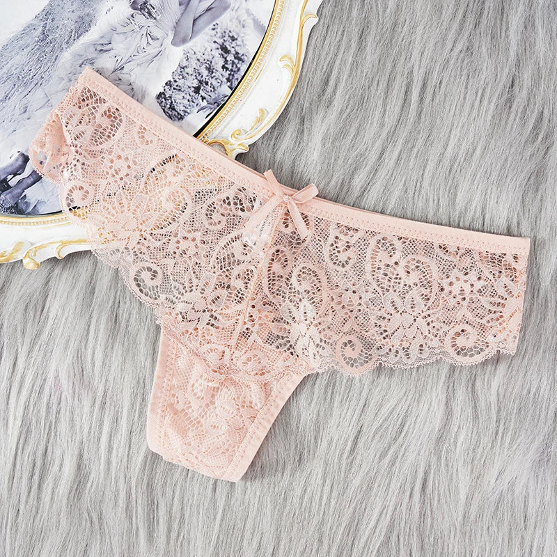 Women's Lace Thong Panties Brazilian Cut Low Waist Sexy See Through Lingerie Hollow Out Comfortable Elastic Underwear