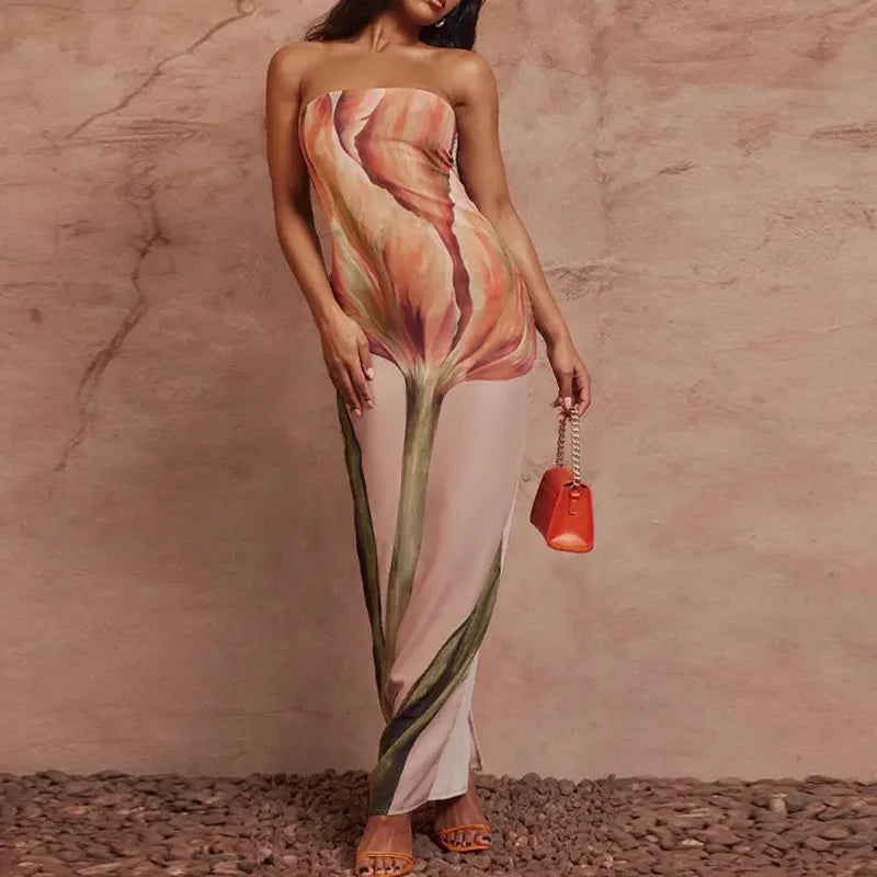 Strapless Backless Printed Maxi Dress — Off-Shoulder Sleeveless | Party Evening | Women's S–XL