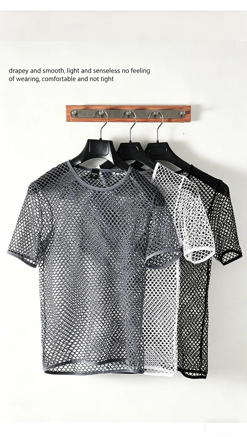 Mens Mesh See Through T Shirt Ice Cool Breathable Fishnet Hollow Out Short Sleeve