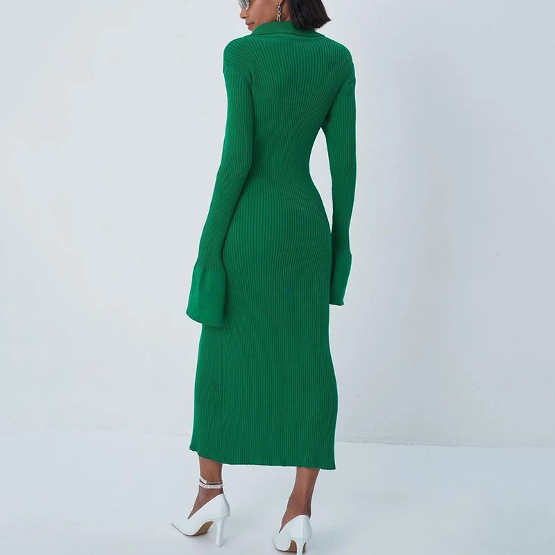 Flare Sleeve Knitted Dress Women Y2K Autumn Winter Sexy Slim Green Midi Dress American Single Breasted Streetwear Club Vestidos