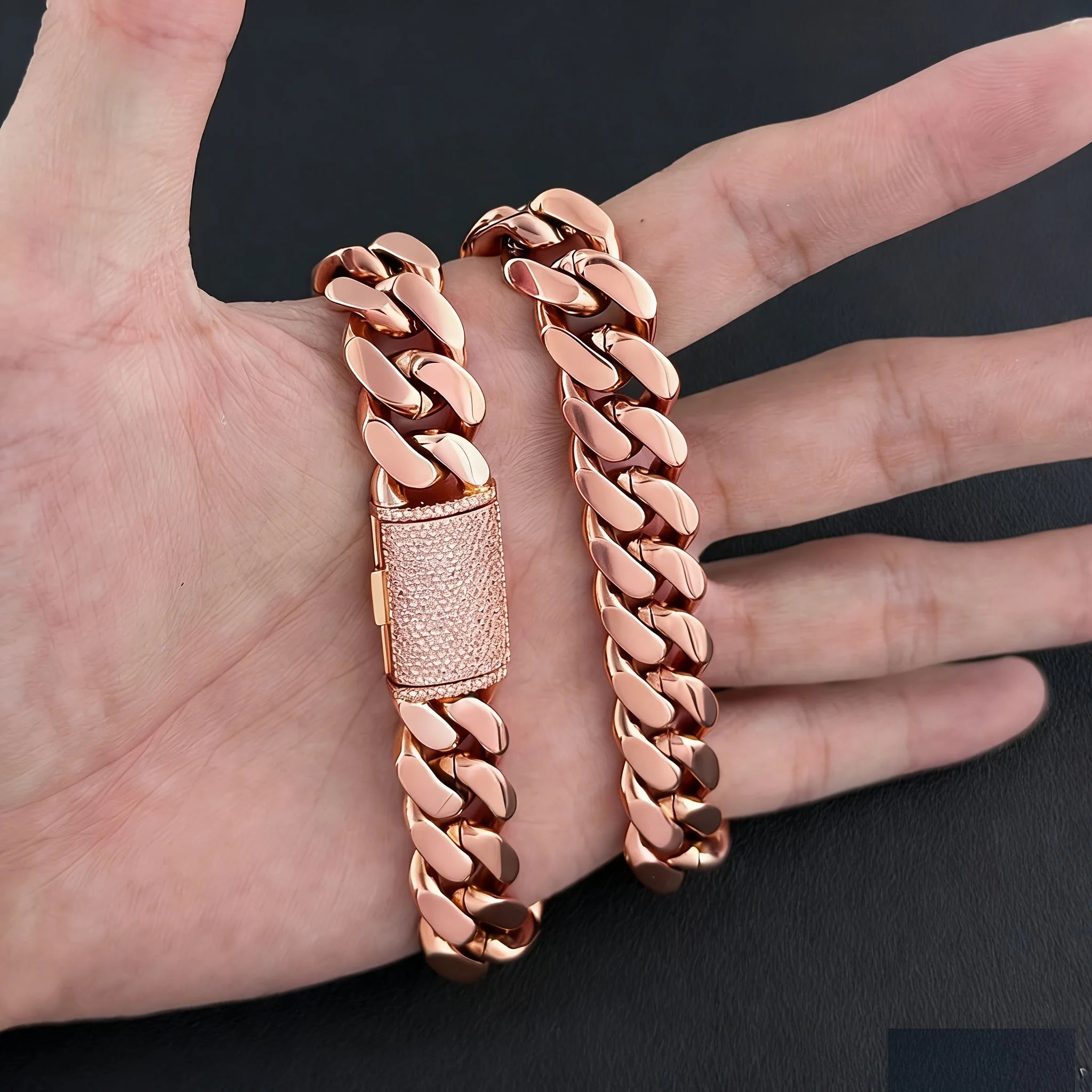 8-22mm Rose Gold  316L Stainless Steel  Cuban Miami Link Chain Iced Out CZ Box Clasp Necklace Fashion Hip Hop Unisex Jewelry