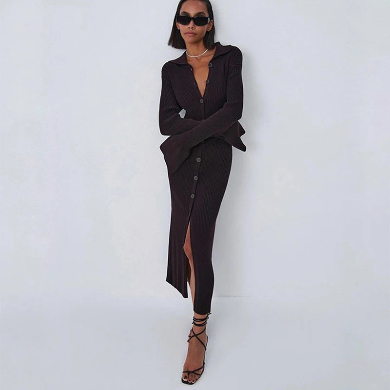 Flare Sleeve Knitted Dress Women Y2K Autumn Winter Sexy Slim Green Midi Dress American Single Breasted Streetwear Club Vestidos