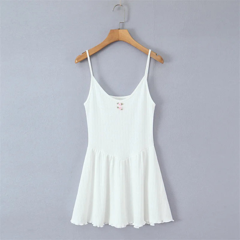 Women White Knit Strap Dress Sweet V Neck Ruffle Hem Casual Sundress For Summer Vacation Backless Deep V Sleeveless Elegant 57UD
