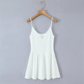 Women White Knit Strap Dress Sweet V Neck Ruffle Hem Casual Sundress For Summer Vacation Backless Deep V Sleeveless Elegant 57UD