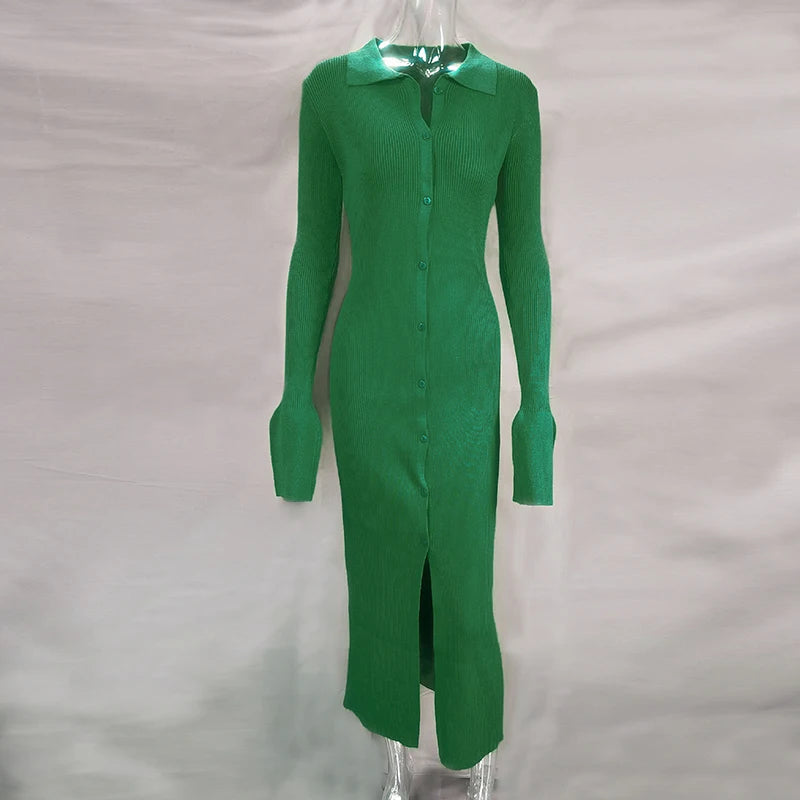 Flare Sleeve Knitted Dress Women Y2K Autumn Winter Sexy Slim Green Midi Dress American Single Breasted Streetwear Club Vestidos