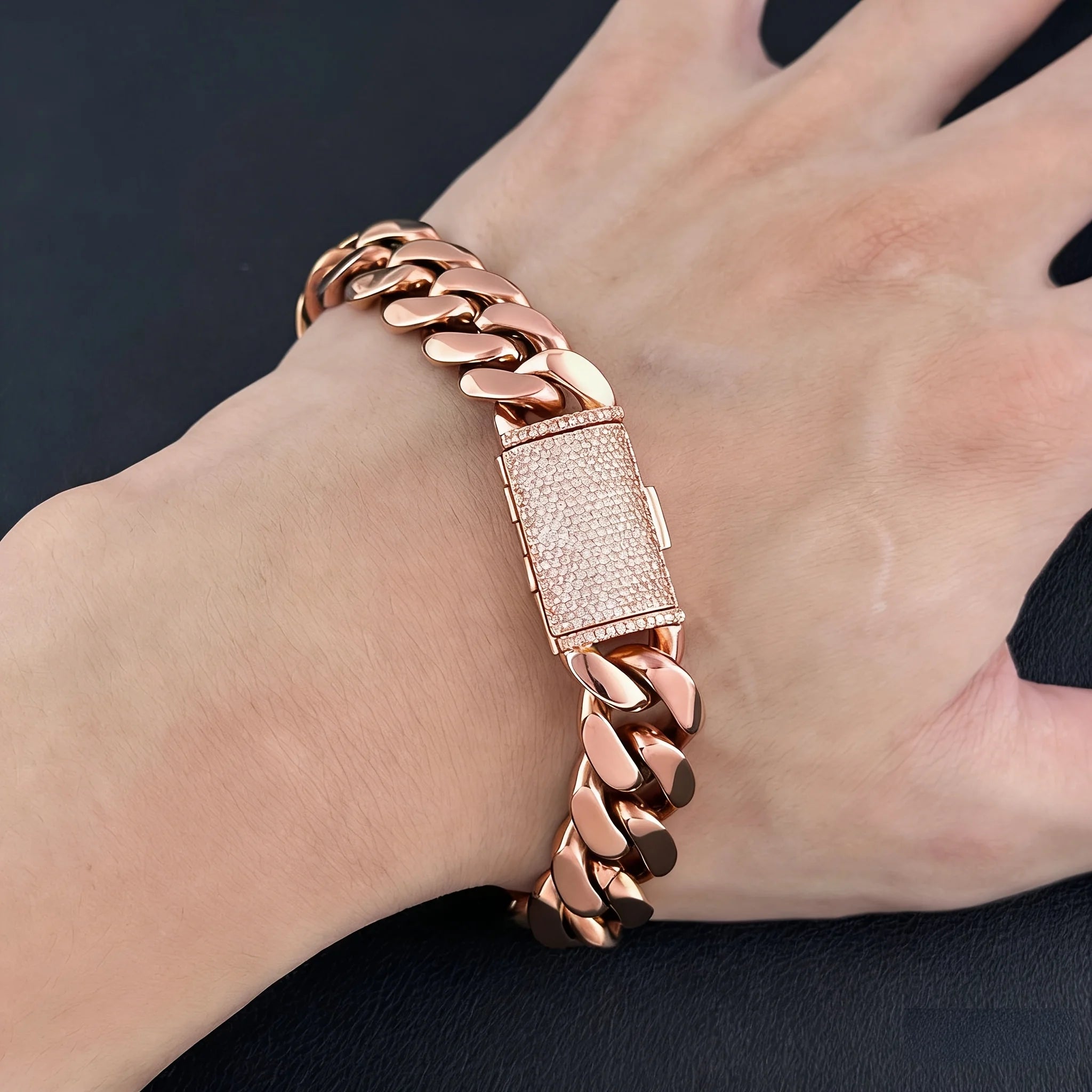 8-22mm Rose Gold  316L Stainless Steel  Cuban Miami Link Chain Iced Out CZ Box Clasp Necklace Fashion Hip Hop Unisex Jewelry