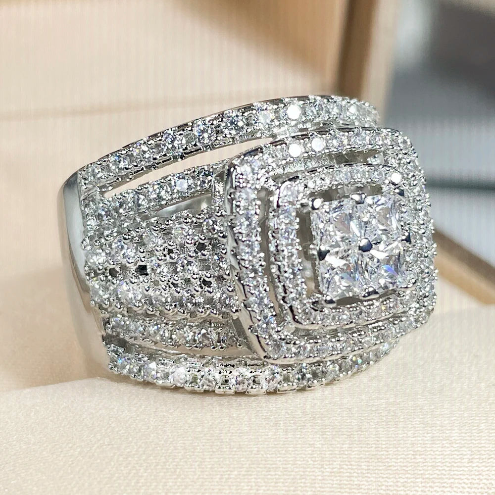 Geometric White Zircon Statement Ring