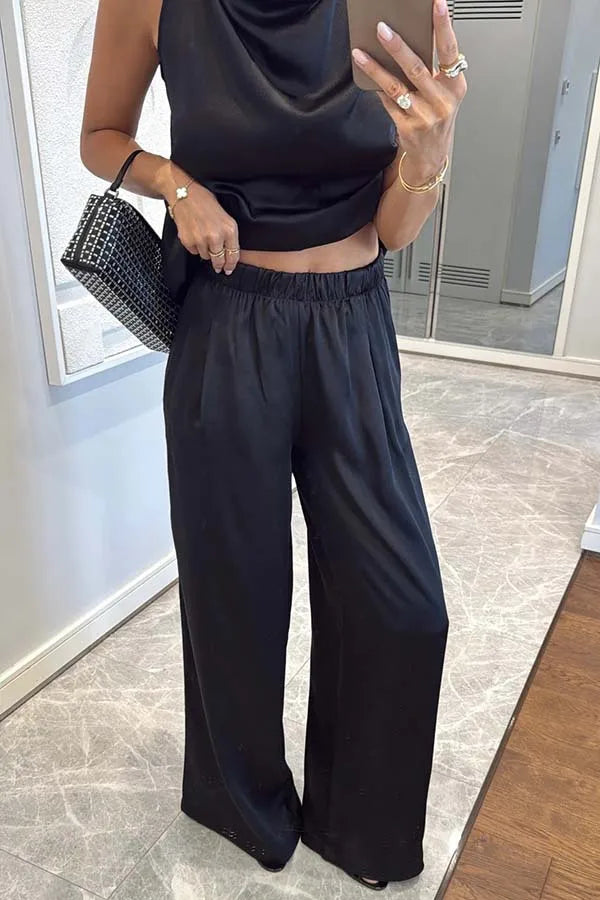 Women's Sleeveless Satin Top & Straight Pants 2-Piece Set – Chic Commuter Suit
