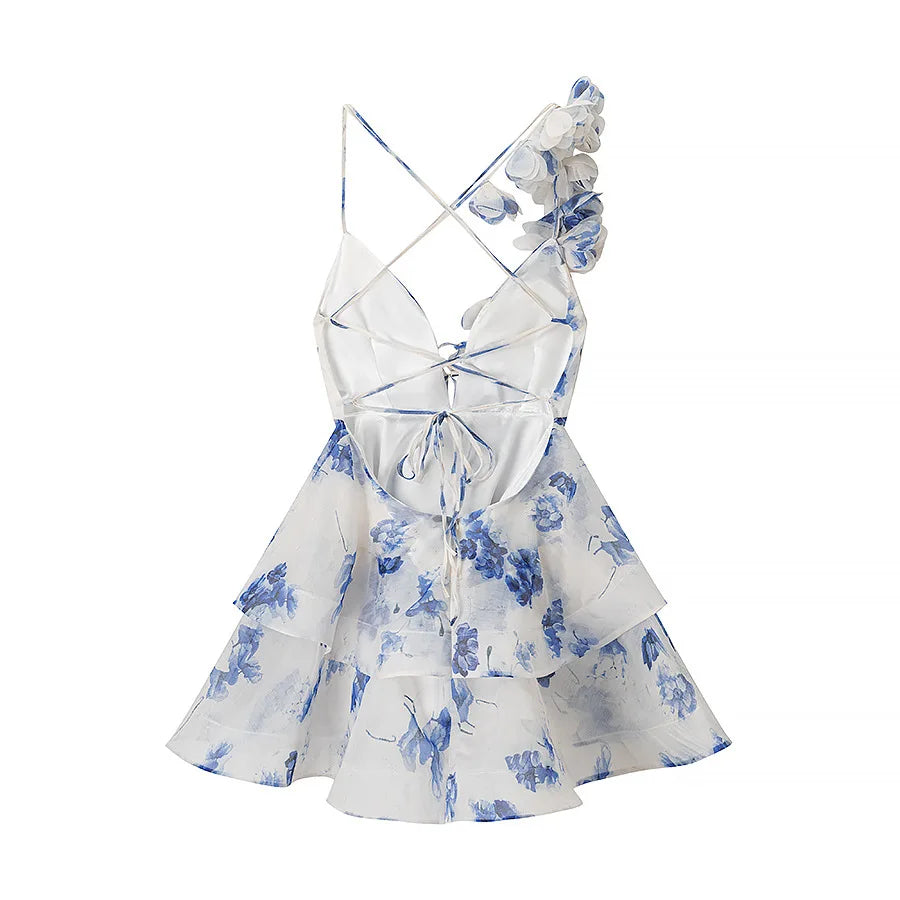 Elegant Floral Print Puff Sleeve Ball Gown Mini Dress Women 3D Flower V-neck Summer Beach Dresses Chic Holiday Evening Vestidos