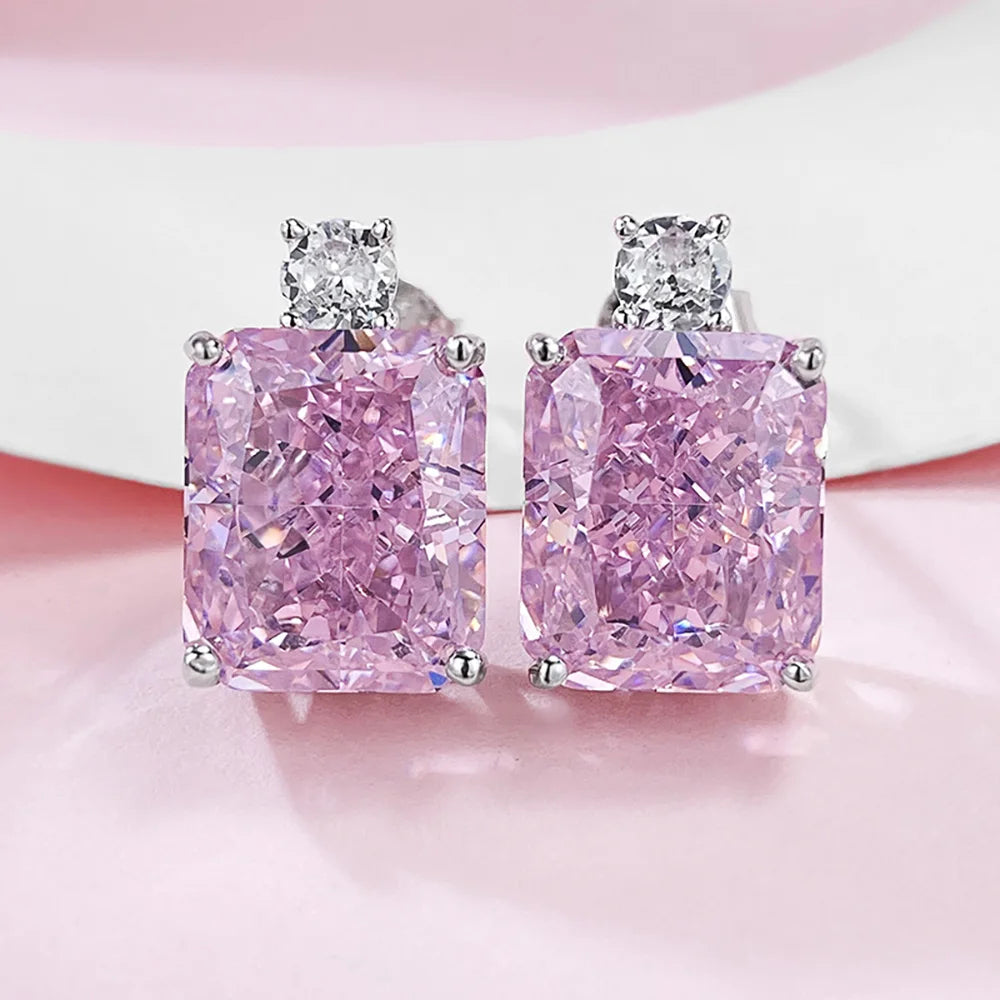 Luxury 100% 925 Real Silver 10*12mm Pink Quartz Topaz High Carbon Diamond Stud Earrings for Women Wedding Fine Jewelry Lady Gift