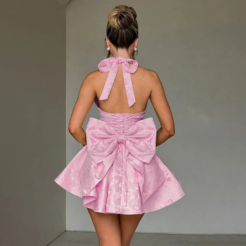 Evening Party Dresses Women 2025 Summer Sexy Bow Halter Long Dress Elegant Jacquard Lace Up Backless Birthday Robe