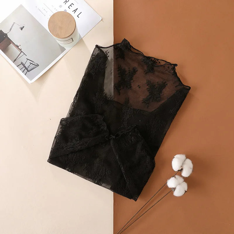 Sheer Mesh Lace Crop Top — Long Sleeve See-Through O-Neck | Fairycore Club Style | S–XL | 5 Colors
