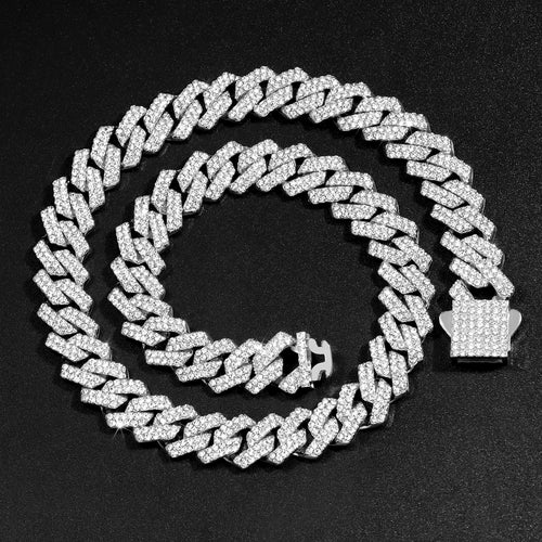 14mm Iced Out Cuban Link Chain — Prong-Set Choker & Bracelet, Gold or Silver Tone | Unisex