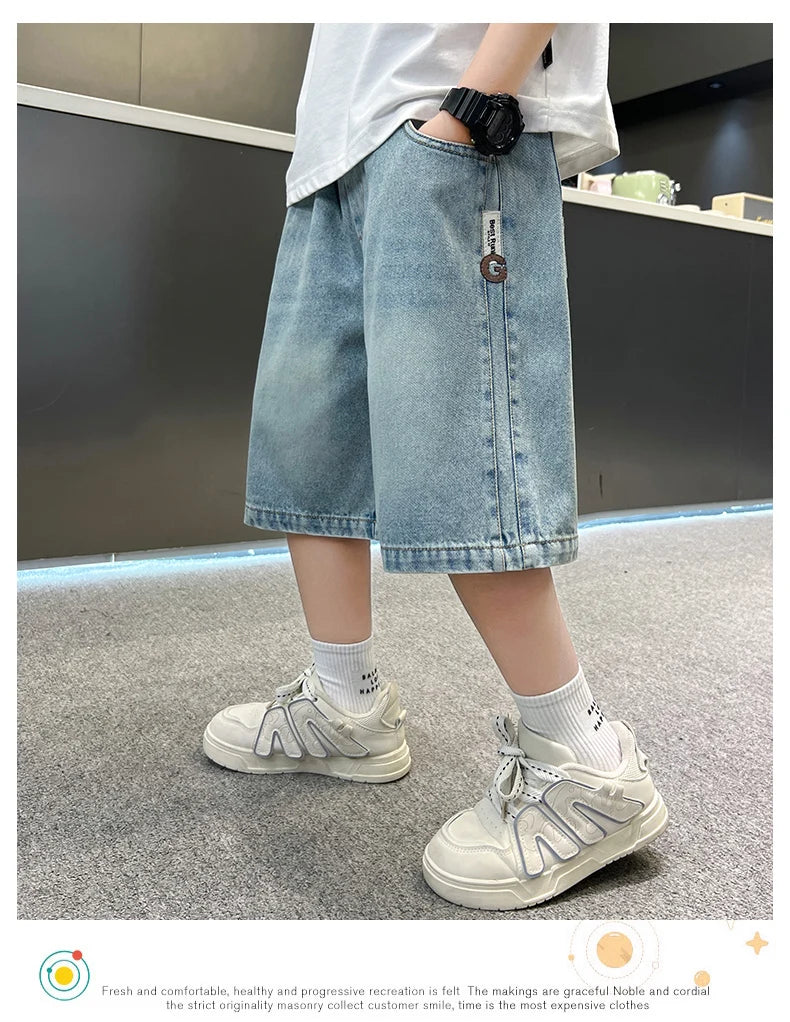 Boys Denim Shorts Teen Boys Casual Knee-Length Jeans Teenage Child Blue Denim With Y2K Fashion Style Trousers Toddler Ages 4-14Y