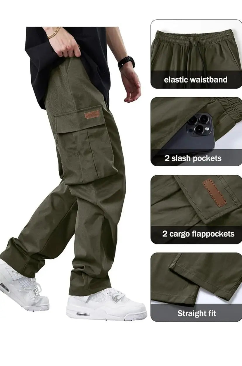 Summer New Men's Work Pants Drawstring Multiple Pockets Casual Long Trousers Independent Station Wide Leg Straight Cut Trousers