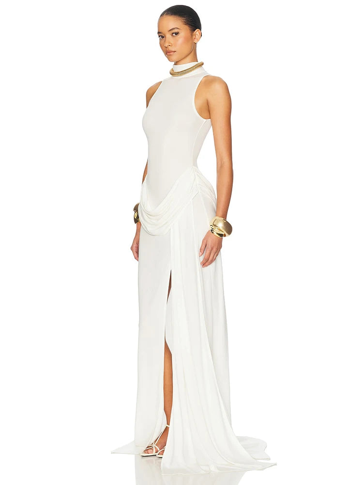 Turtleneck Off-Shoulder Thigh-Split Maxi Dress