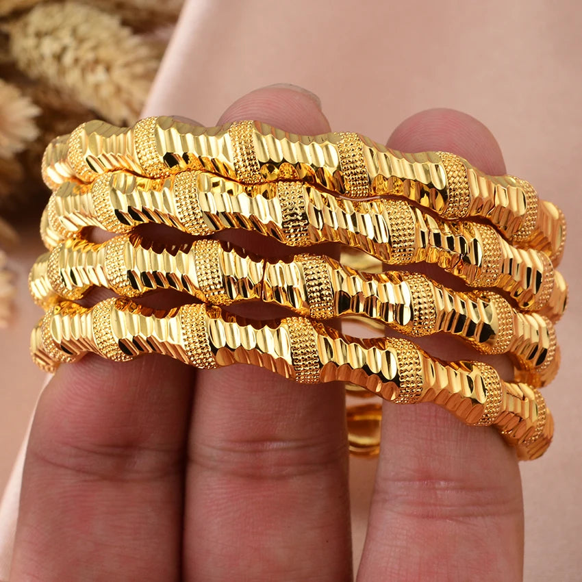 New 24K 4Pcs/lot Dubai Gold Color  Bangles  For Women Girls Bead Festival Good Luck Ethiopian Wedding Bangles Bracelet Jewelry