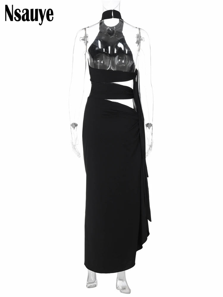 Nsauye Hollow Out Sexy Women Maxi Dress Black Sleeveless High Split Female Summer Autumn Skinny Elegant Long Dresses Party Club
