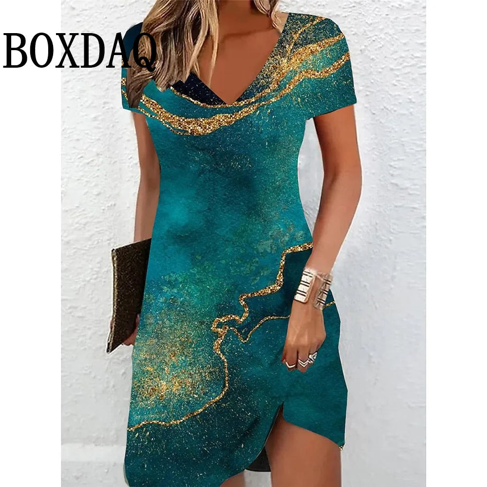 BOXDAQ V-Neck 3D Printed Tie Dye Midi Dress — Loose A-Line Casual | Summer Fashion | S–XXXL