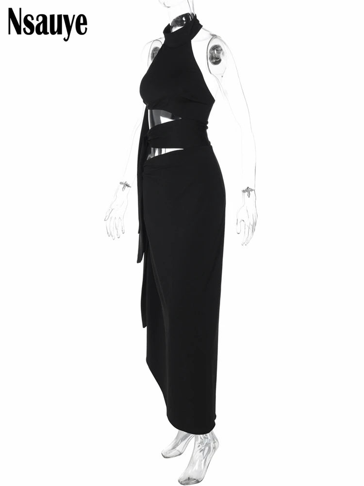 Nsauye Hollow Out Sexy Women Maxi Dress Black Sleeveless High Split Female Summer Autumn Skinny Elegant Long Dresses Party Club