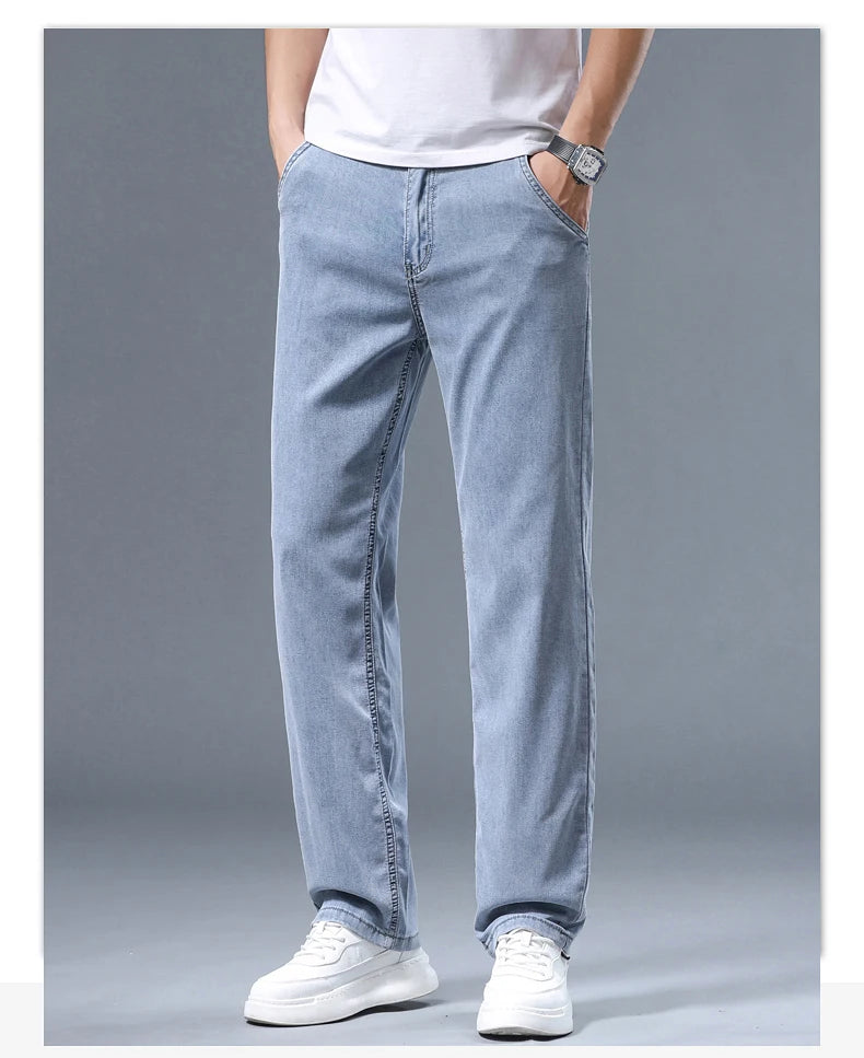 Summer Ultra-thin Men's Jeans Lyocell Soft Breathable Loose Straight Light Blue Denim Pants Business Casual Ice Silk Trousers