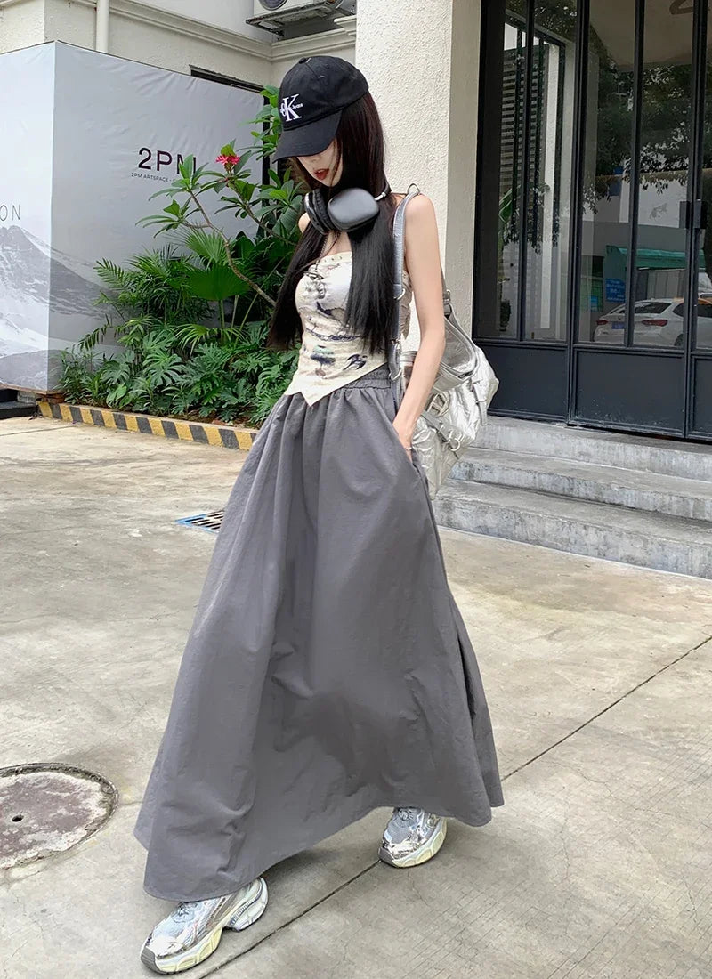 Chic Women Pockets A-Line Long Skirts Ladies Casual Loose Elastic High Waist Midi Skirt 2024 Spring Summer