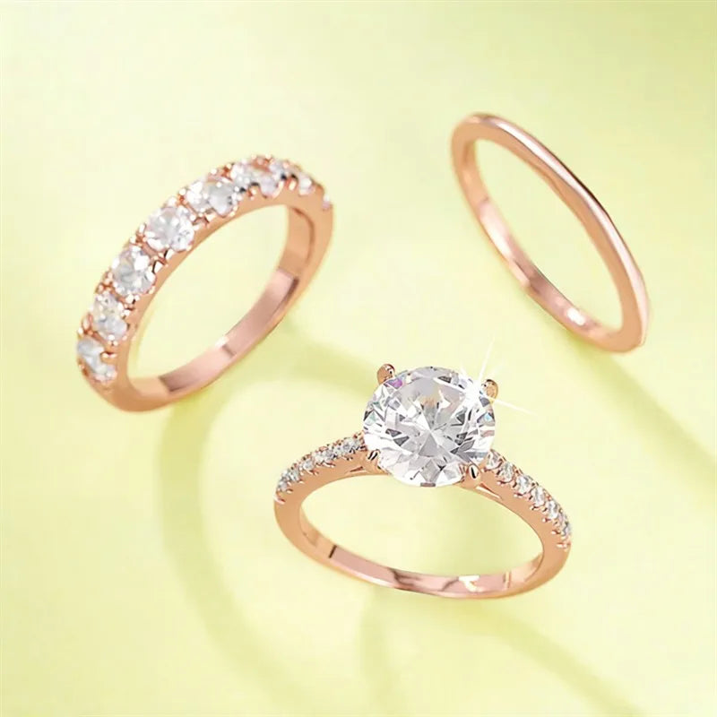 3-Piece CZ Bridal Ring Set — Stacking Engagement & Wedding Bands in Gold, White Gold or Rose Gold Tone | Sizes 5–14