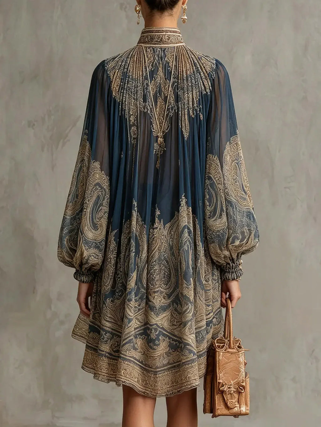 2026 hot  European and American turtleneck printed chiffon dress loose vacation style shawl long-sleeved women's dress