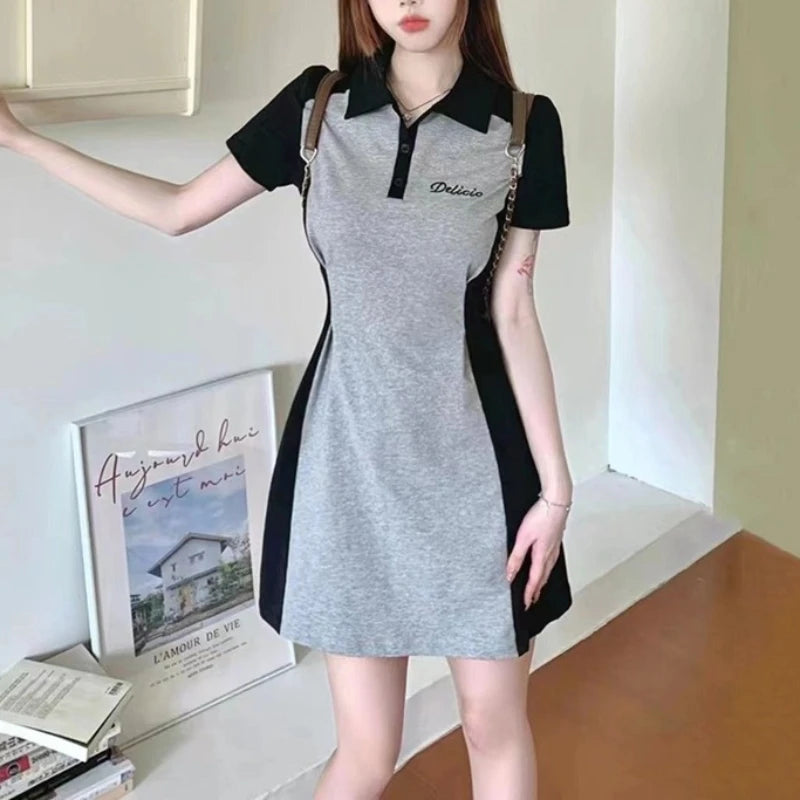 Midi Female Dresses 2025 Splicing Grey Clothing Women's Dress Short Mini Trendy Cheap Casual Offer Elegant Hot Cotton Sale Y2k