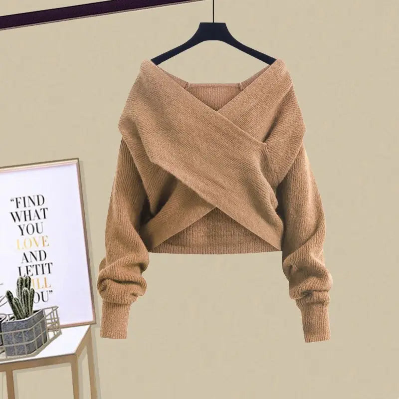 2025 Female Elegant Winter New Cross Knitted Sweater+Bottom Shirt+Black Strap Dress 3-Piece Suit Women Chic Hoodie Matching Set