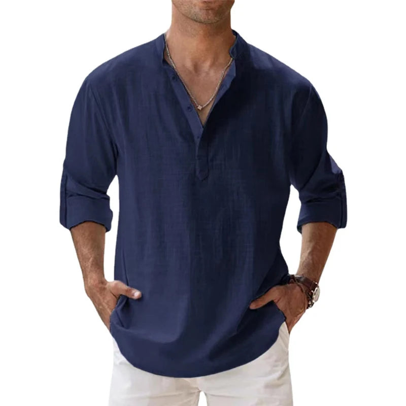 Animal Game Men's Cotton Linen Henley Beach Shirt — Lightweight Long Sleeve Casual Hawaiian Tee | All Season | 7 Colors | S–5XL