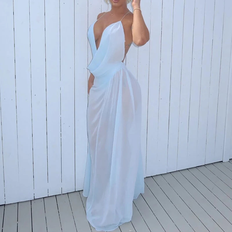 Sexy Low-cut V-neck Sleeveless Suspender Dress Elegant Mesh Patchwork Backless Long Dress Fashion Draped Solid Beach Party Dress
