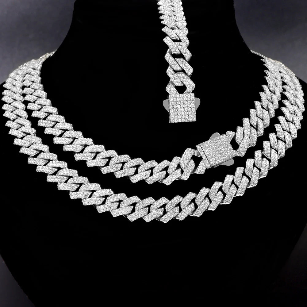 14mm Iced Out Cuban Link Chain — Prong-Set Choker & Bracelet, Gold or Silver Tone | Unisex
