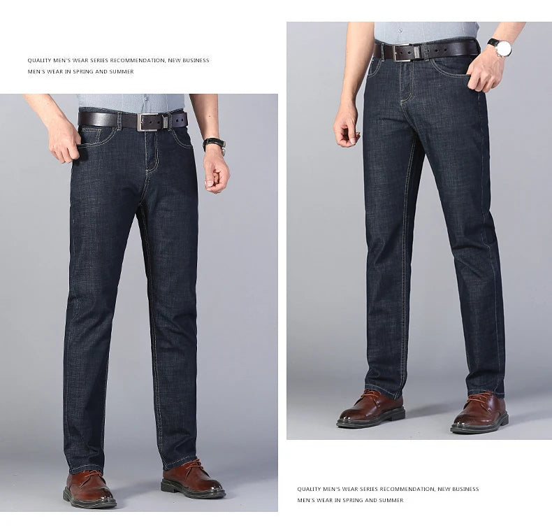 Summer New Elastic Men's Jeans Fashion Comfortable Business Straight Stretch Cotton Casual Denim Pants Brand Male Thin Trousers