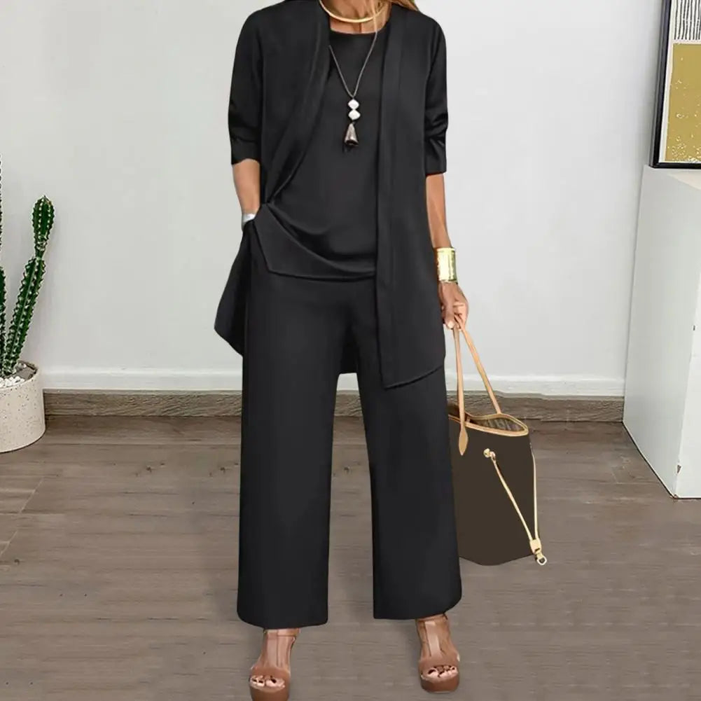 Women's 3-Piece Cardigan, Vest & Wide Leg Pants Set – Casual Loose Pantsuit