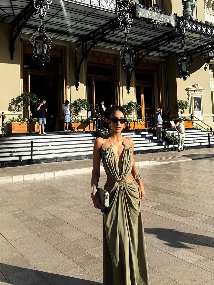Metal Trim Spaghetti Strap Backless Maxi Dress