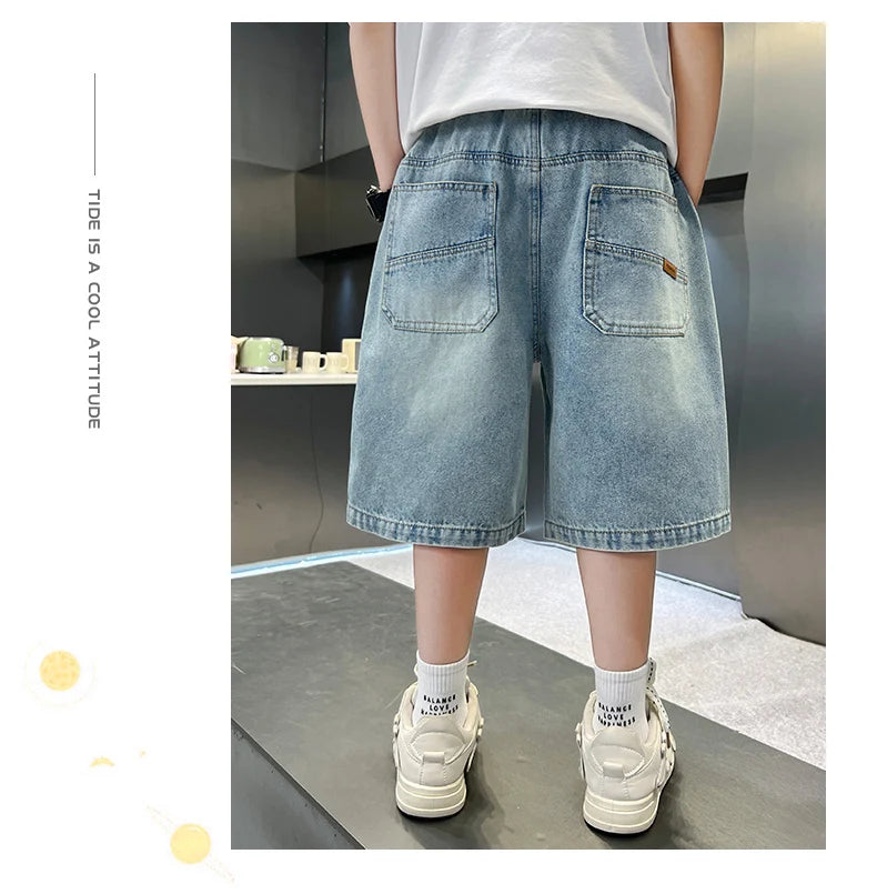 Boys Denim Shorts Teen Boys Casual Knee-Length Jeans Teenage Child Blue Denim With Y2K Fashion Style Trousers Toddler Ages 4-14Y