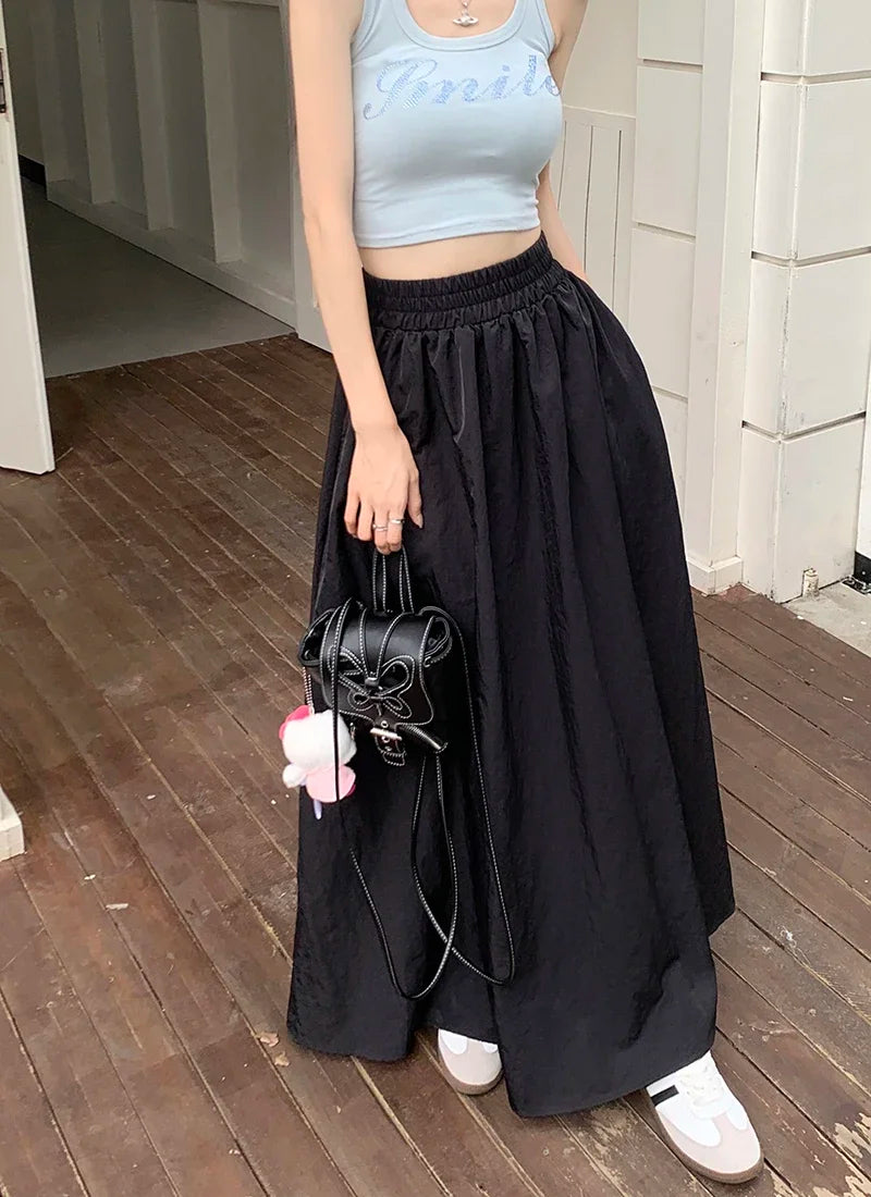 Chic Women Pockets A-Line Long Skirts Ladies Casual Loose Elastic High Waist Midi Skirt 2024 Spring Summer